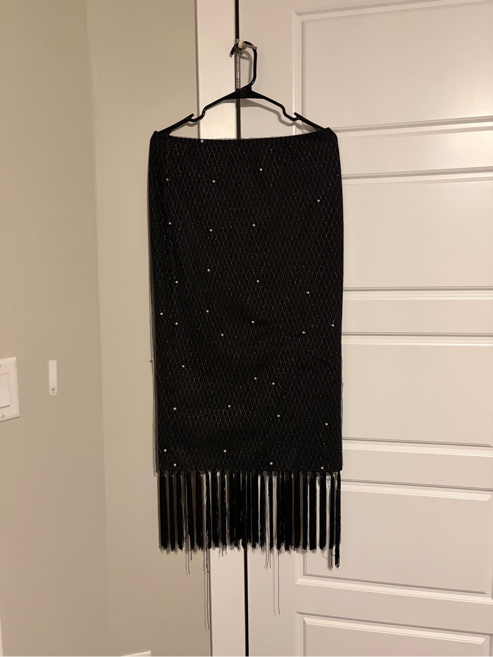 Embellished Black Pencil Skirt with Fringe Hem